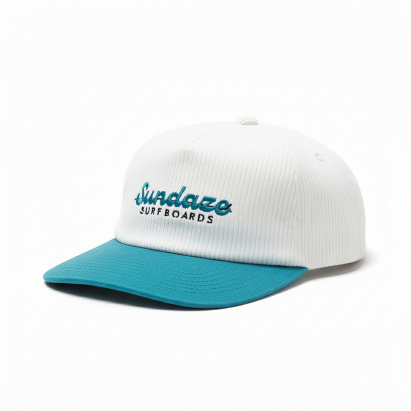 White and blue cap with 'Sundaze Surf Boards' text on a white background