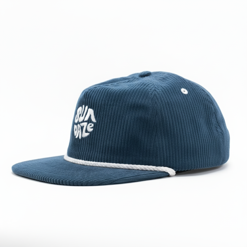 Blue corduroy cap with white logo on a white background