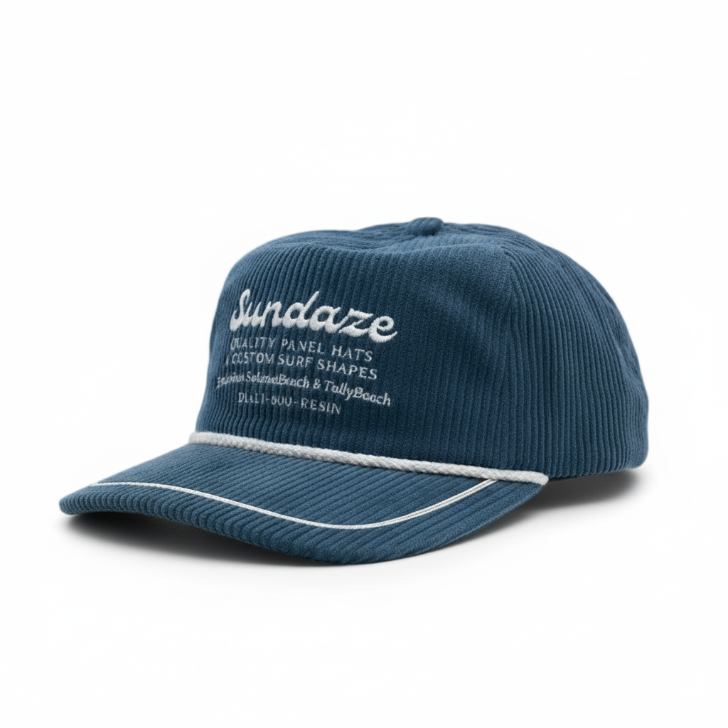 Blue cap with white text on a white background