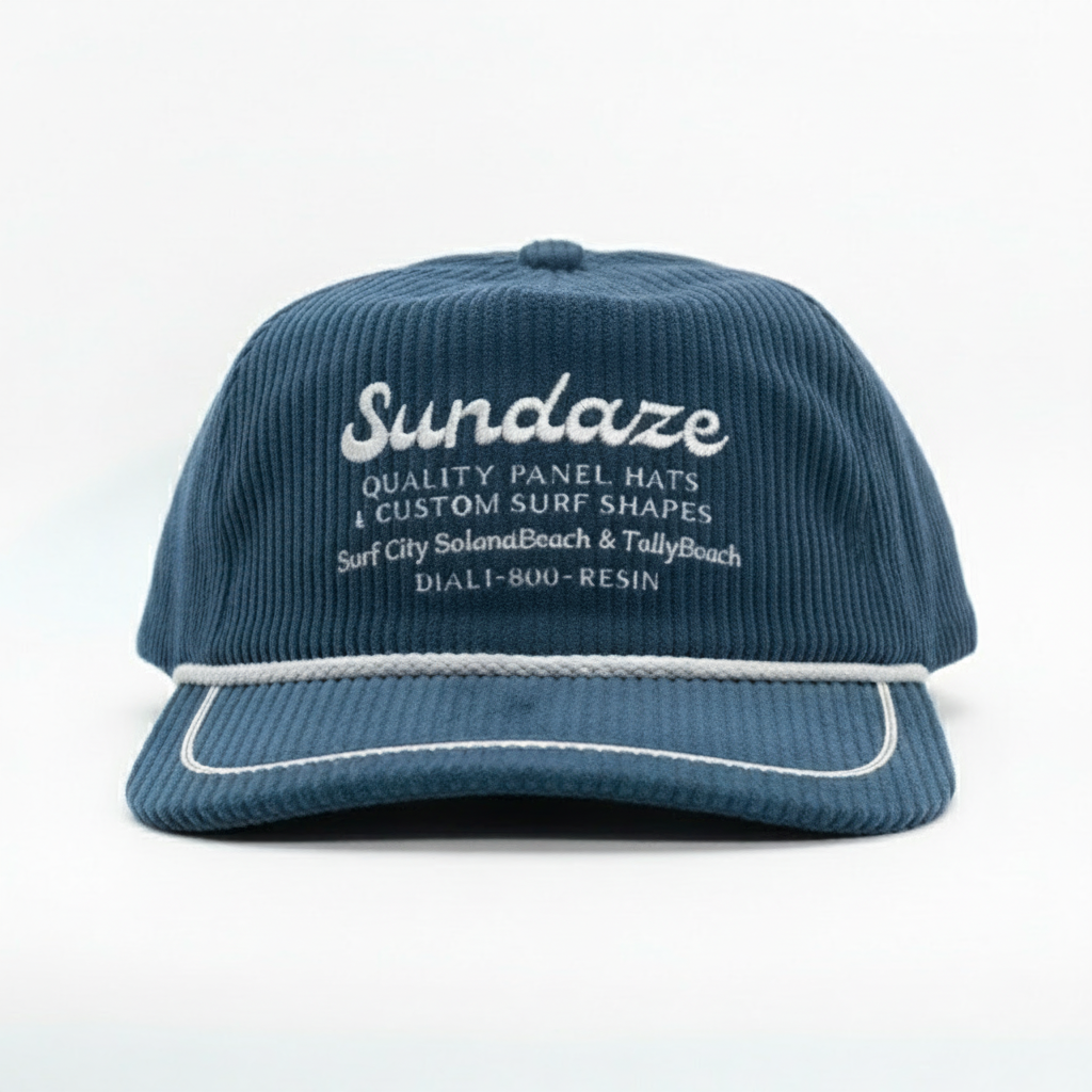 Blue cap with white text on a white background