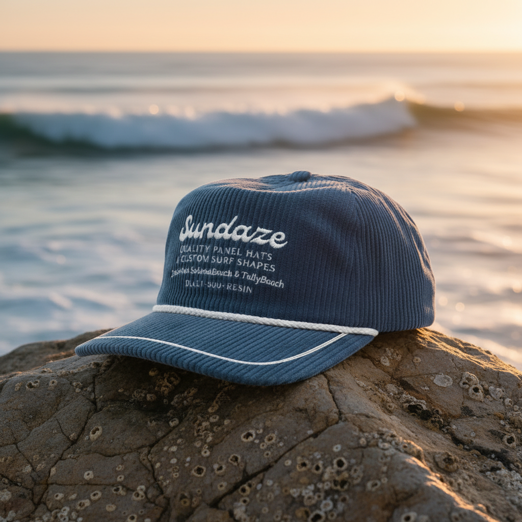 Blue cap with 'Sundaze' branding on a rock by the ocean at sunset