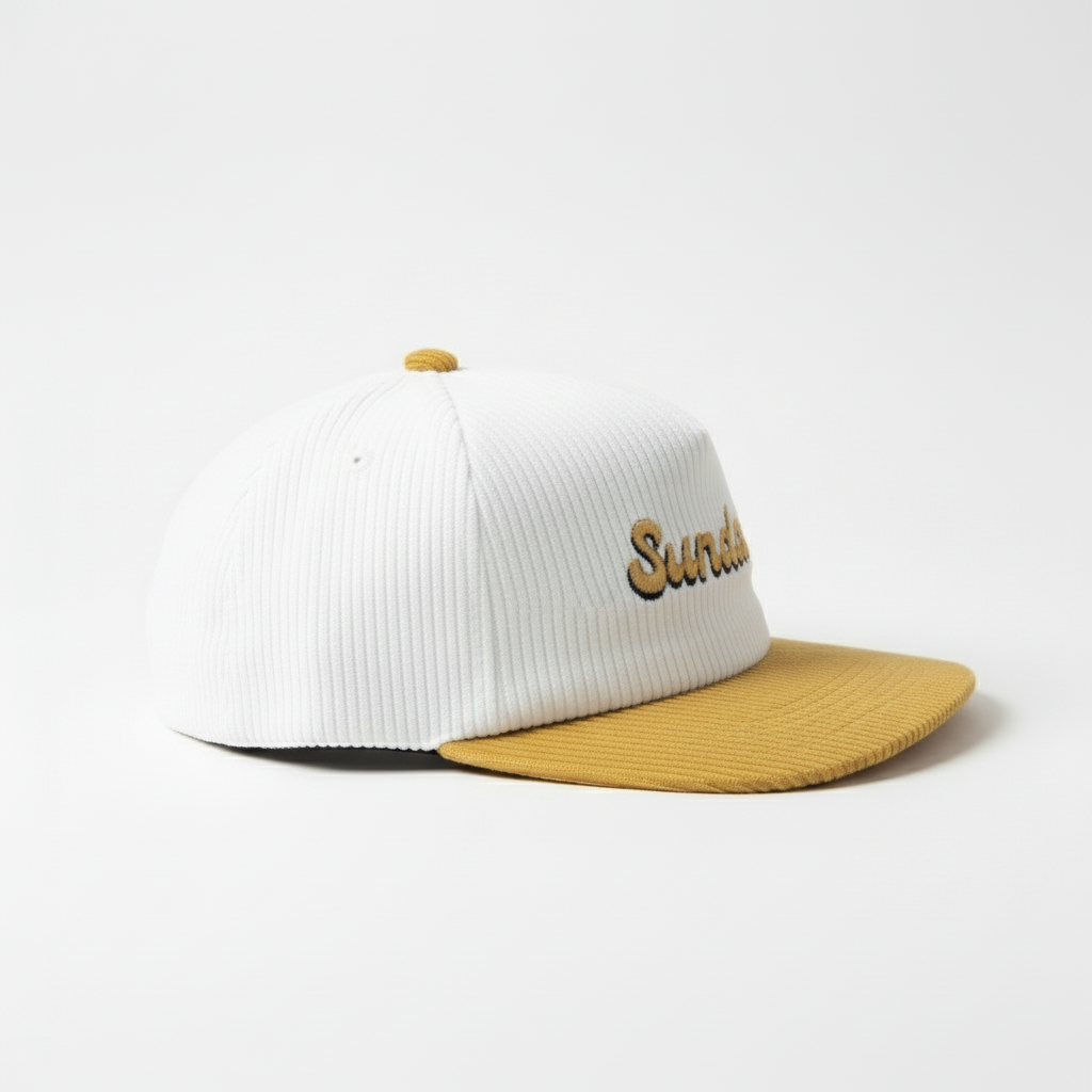 White and yellow cap with 'Sundaze' embroidery on a white background