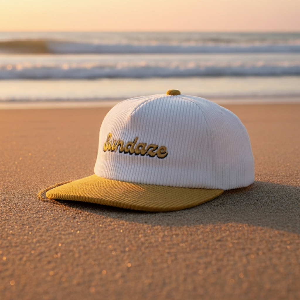 White and yellow cap with 'Sundaze' embroidery on a white background