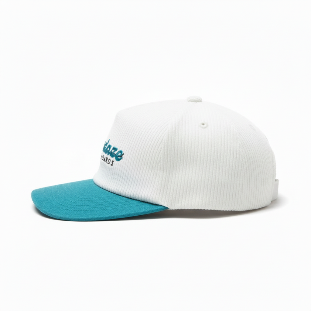 White and blue cap with 'Sundaze Surfboards' logo on a white background