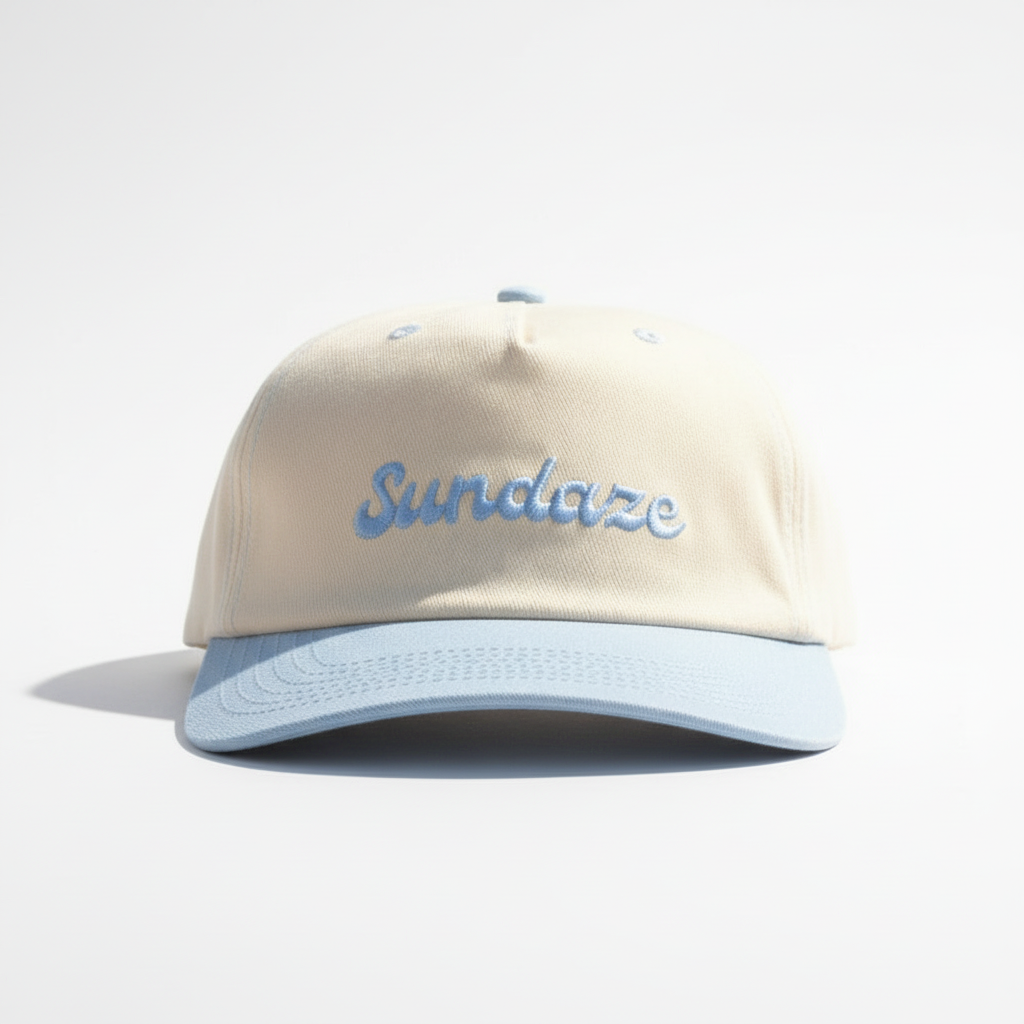 Beige and light blue cap with 'Sundaze' text on a sandy beach with ocean in the background