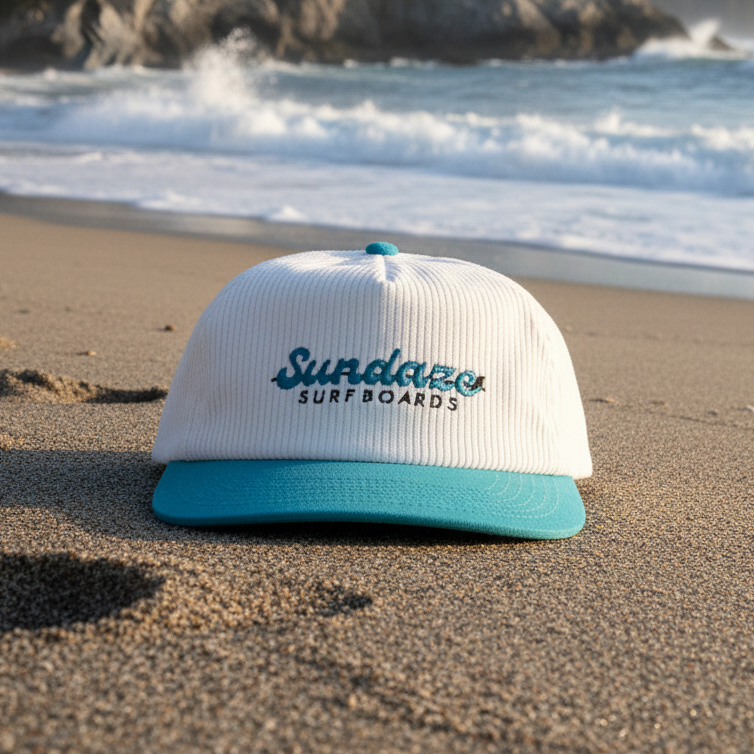 White and turquoise cap with 'Sundaze Surfboards' logo on a white background
