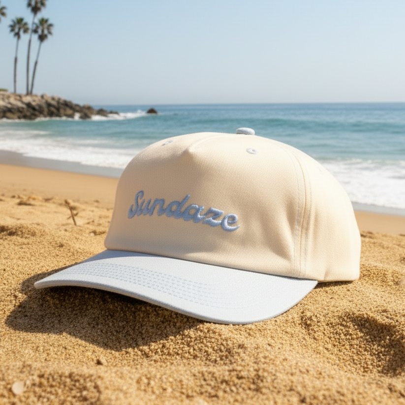 Beige and light blue cap with 'Sundaze' text on a sandy beach with ocean in the background