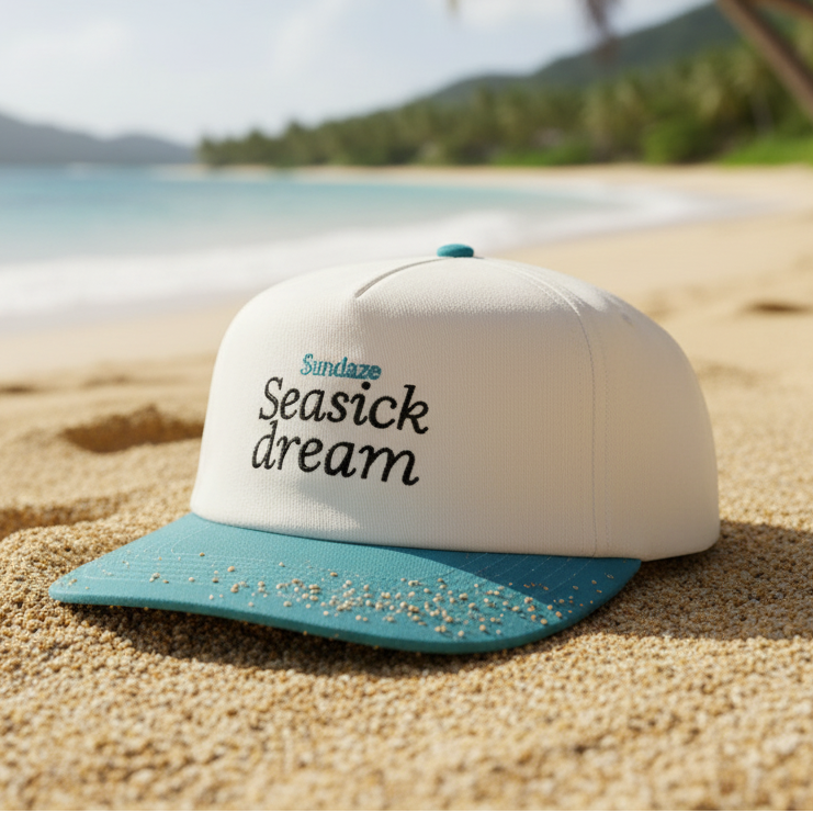Cap with 'Seasick dream' text and Sundaze logo on a white background
