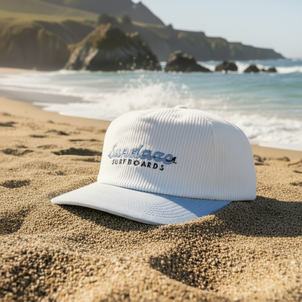 White cap with blue brim and 'Sundazo Surfboards' logo on a sandy beach with ocean and cliffs in the background