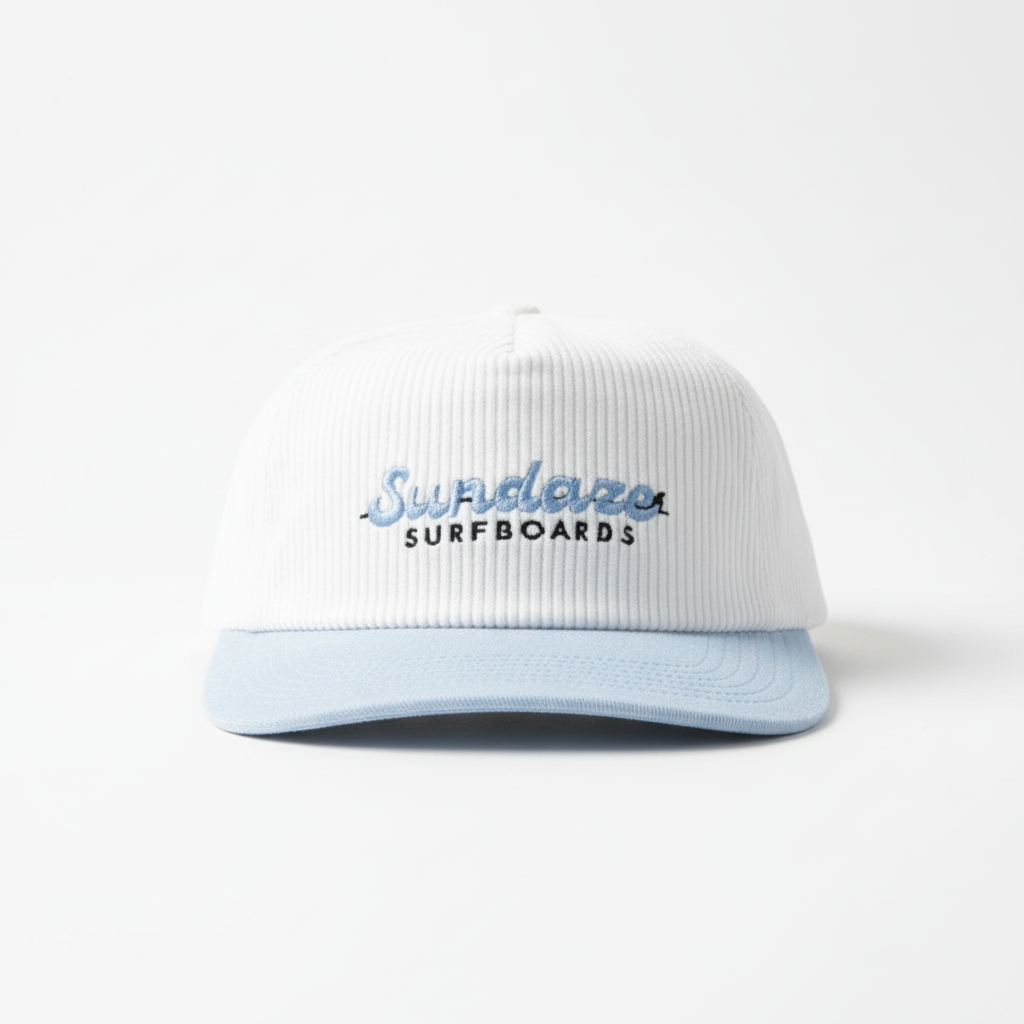 White and light blue cap with 'Sundae Surf Boards' text on a light gray background