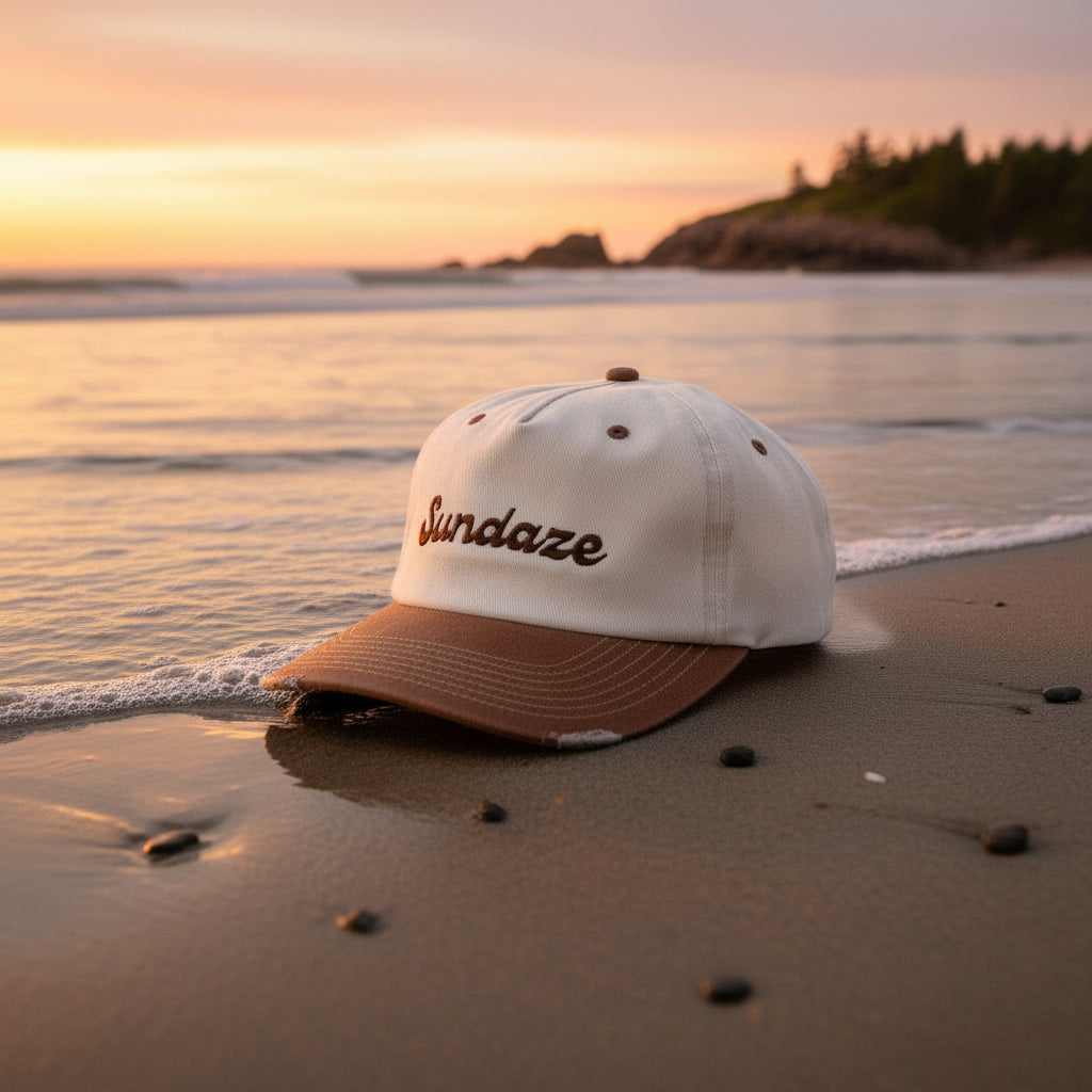 Beige and brown cap with 'Sundaze' branding on a white background