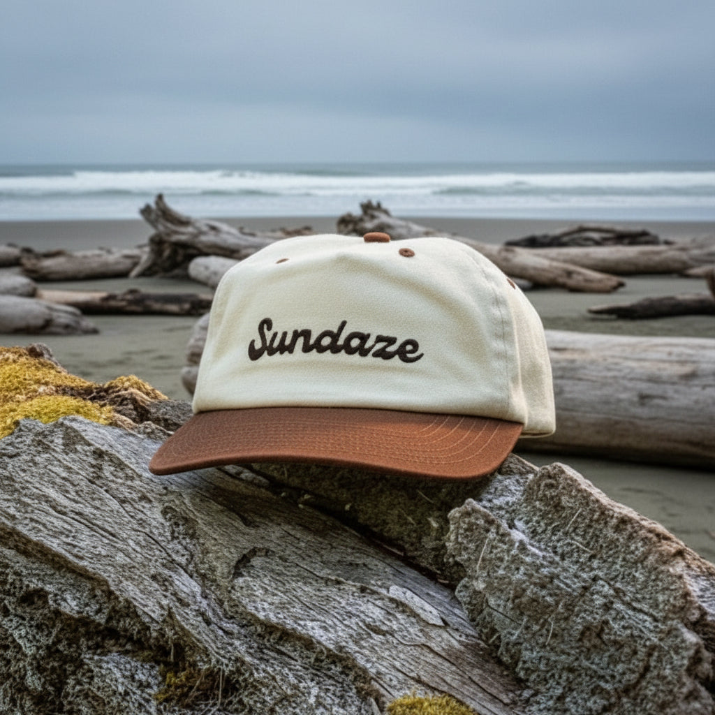 A two-tone cotton snapback hat with 'Sundaze' embroidery on the front, placed on a rock with a scenic background.
