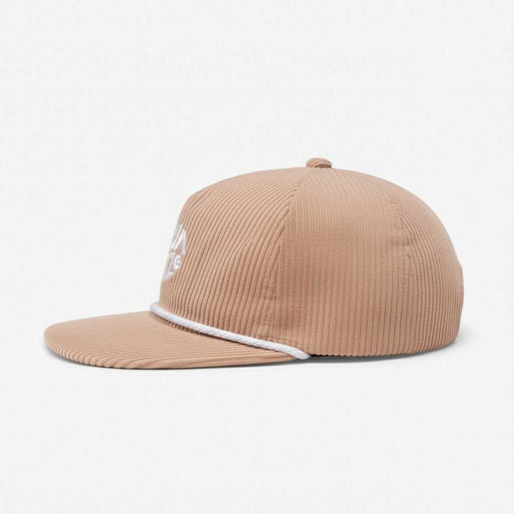 Beige corduroy cap with white logo on a light gray background