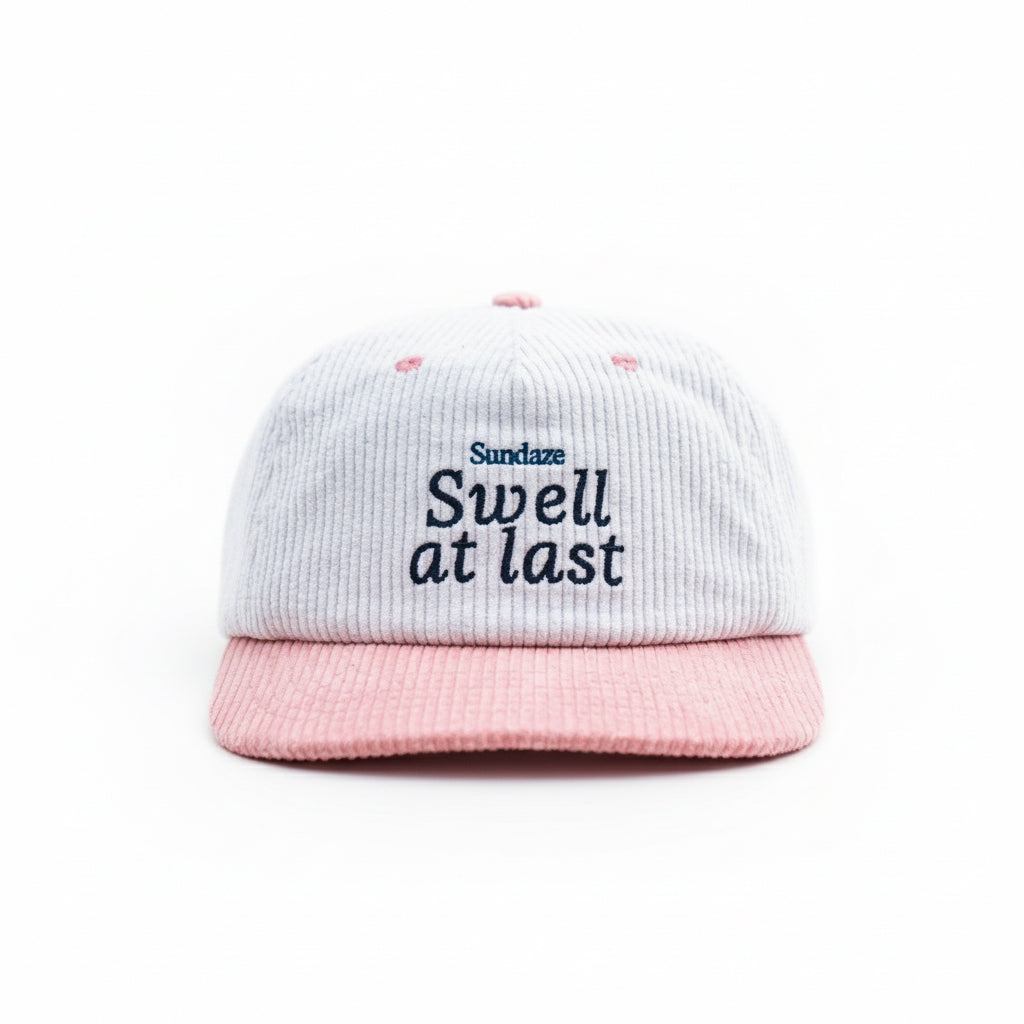 Swell at Last pink and White Corduroy Hat - 5 Panel Corduroy Snap Back-SunDaze California
