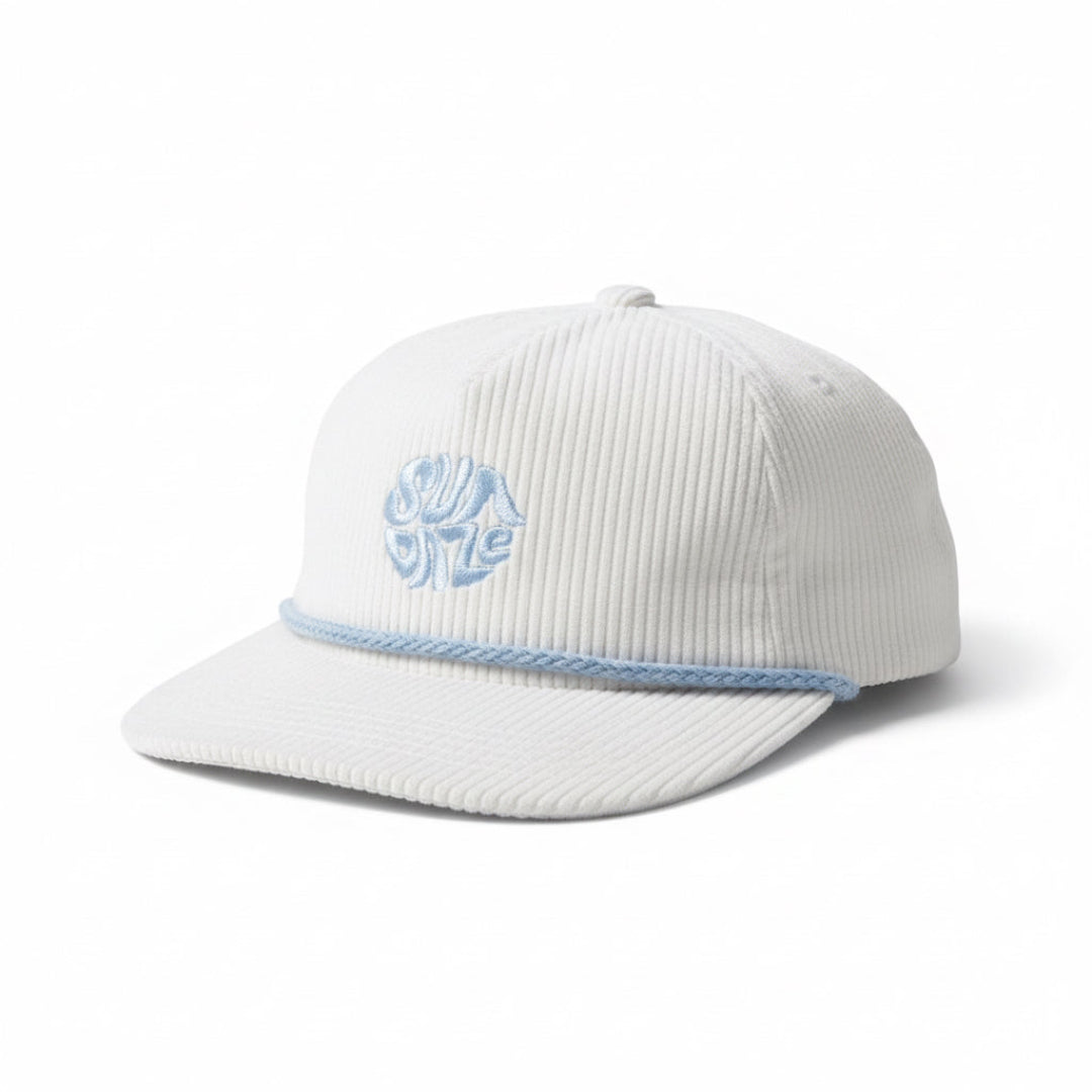 White corduroy cap with blue embroidery on a white background